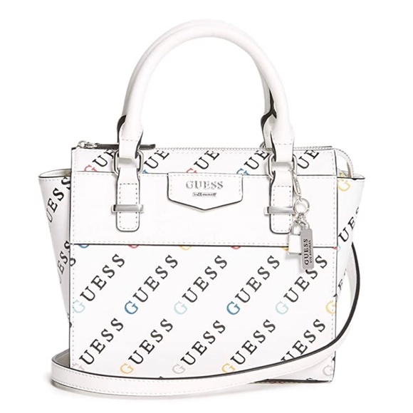 ❌SOLD❌ Brand New GUESS Multi-Color Guess Logo White Adhira Satchel, Bag Purse - Picture 1 of 5